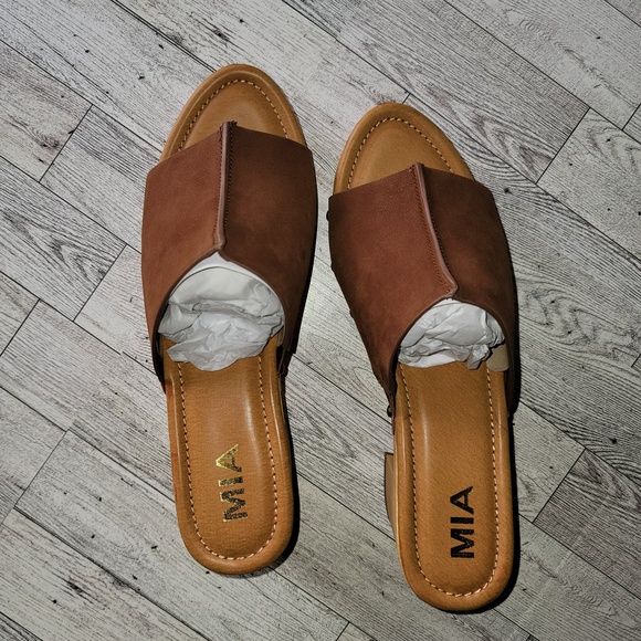 Mia Chunky Wood Bottom Open Peep Brown Casual Summer Sandals Women 9 - Picture 7 of 11